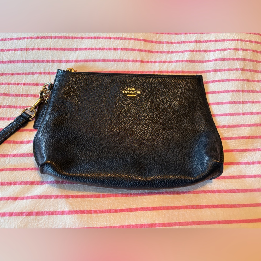 Coach Black Pebbled Leather Clutch Wristlet with Gold Logo